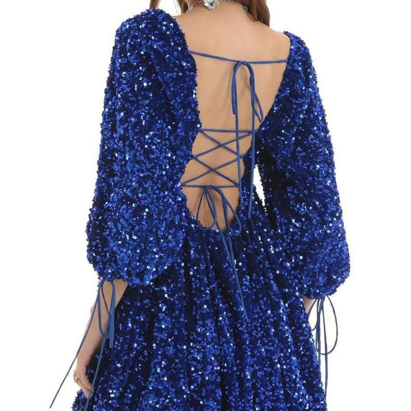 Sequin square collar swing dress, view 5 - MRSLM