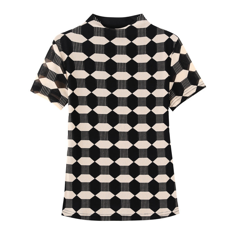 women's geometric mesh slim fit top, view 3 - MRSLM