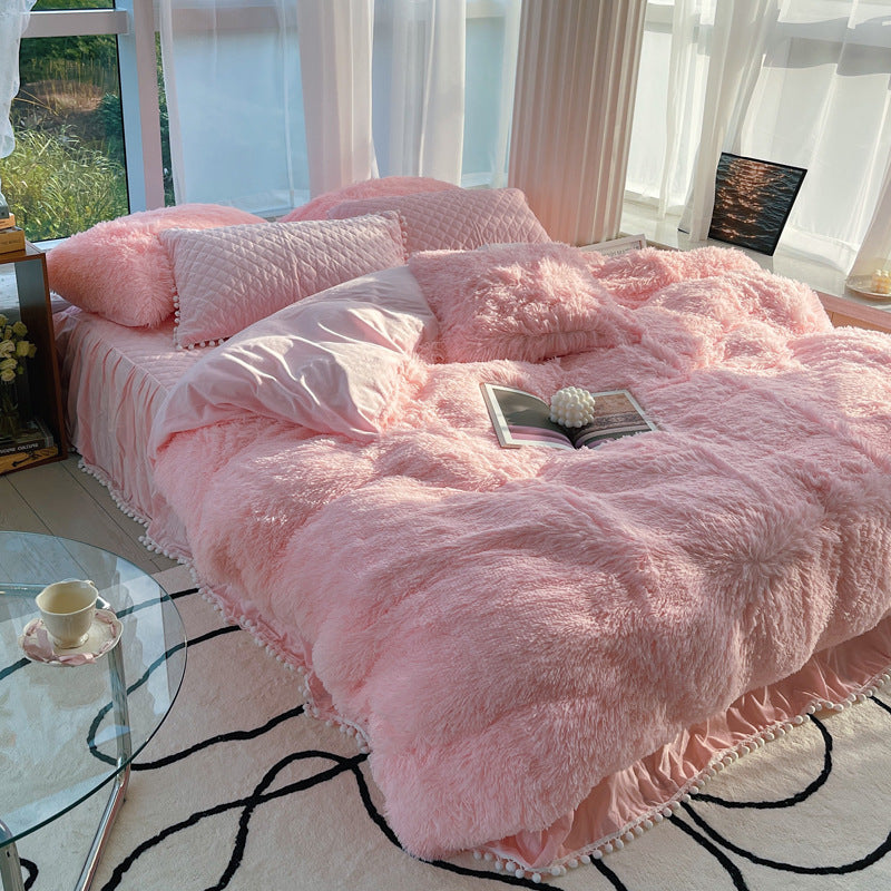 Milk Fiber Winter Faux Mink Bed Four-piece Long Plush Quilt Cover Coral Velvet Double-sided Plush Fleece-lined Quilted Bed Skirt Princess Style