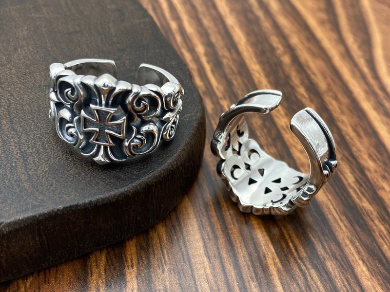 men's silver rattan flower open ring, view 7 - MRSLM