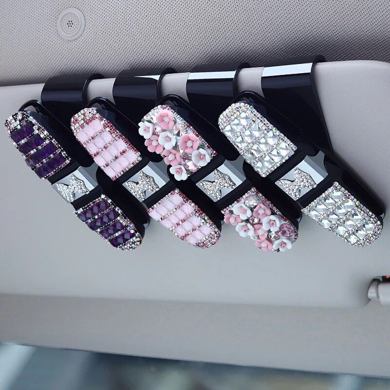 Luxurious Rhinestone Flower Car Sunglass and Accessory Holder