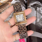 Women's leopard print mesh belt square watch, view 4 - MRSLM