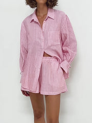 women's cotton striped shirt and shorts outfit, view 4 - MRSLM