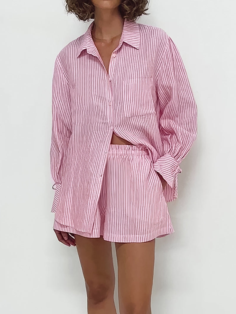 women's cotton striped shirt and shorts outfit, view 4 - MRSLM