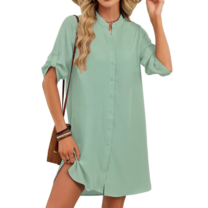 V-neck Shirt-sleeve Button-down Dress For Women