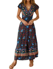 v-neck split bohemian print dress, view 8 - MRSLM