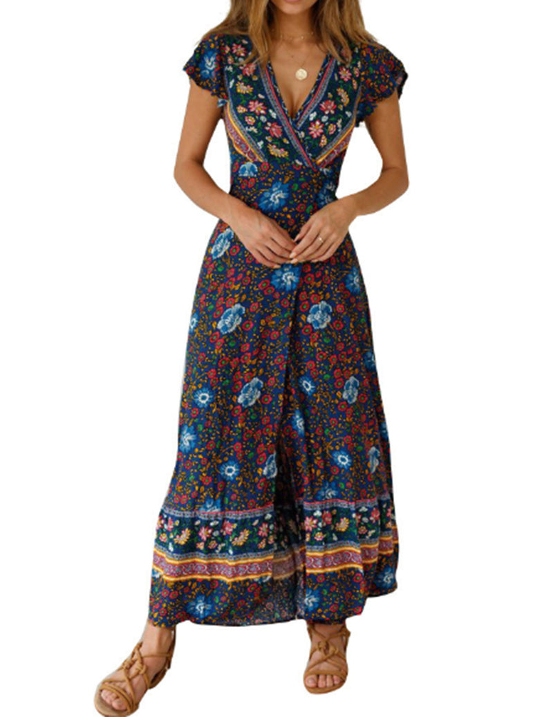 v-neck split bohemian print dress, view 8 - MRSLM