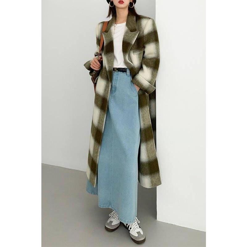 plaid double breasted long coat for women, view 3 - MRSLM