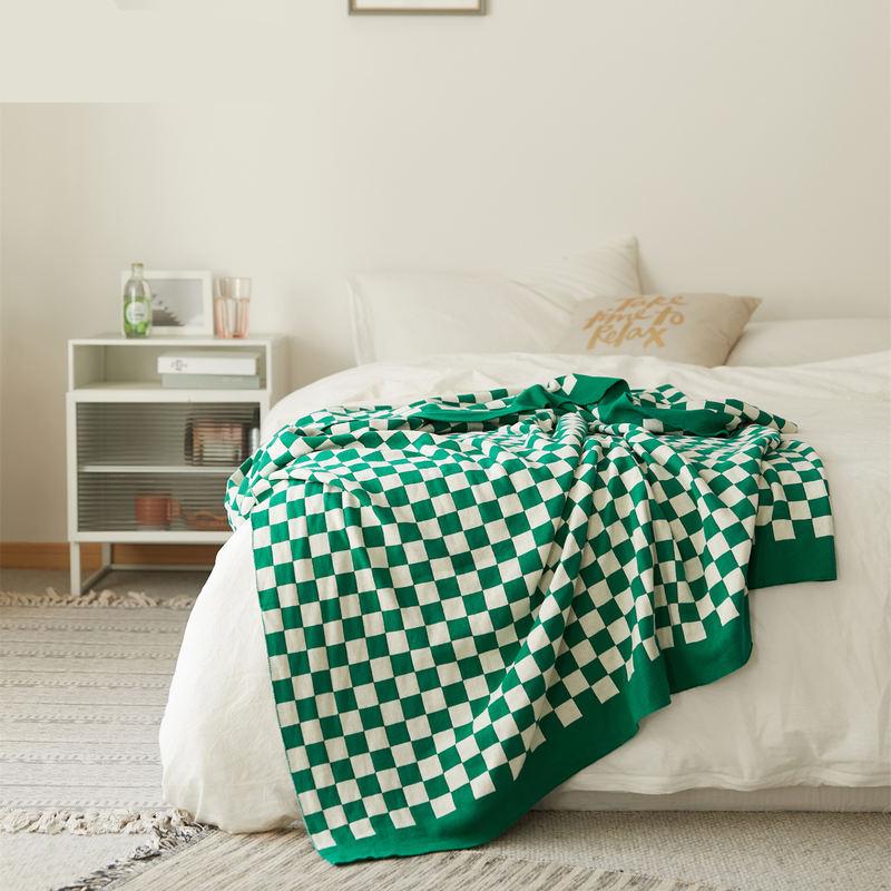 checkerboard plaid cotton knitted blanket, view 4 - MRSLM