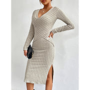 high waist long sleeve slit dress, view 4 - MRSLM