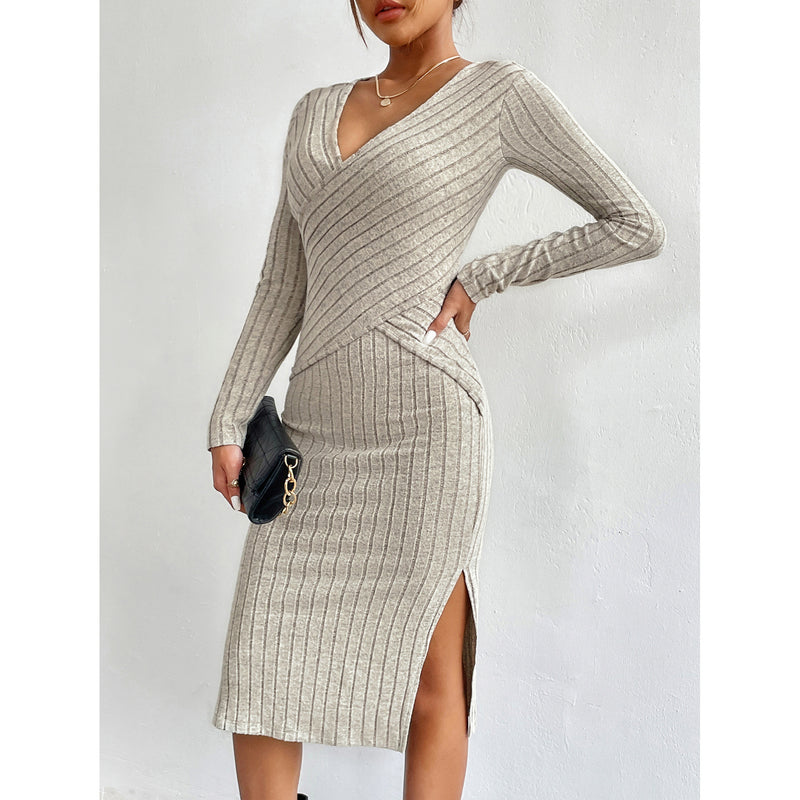 high waist long sleeve slit dress, view 4 - MRSLM