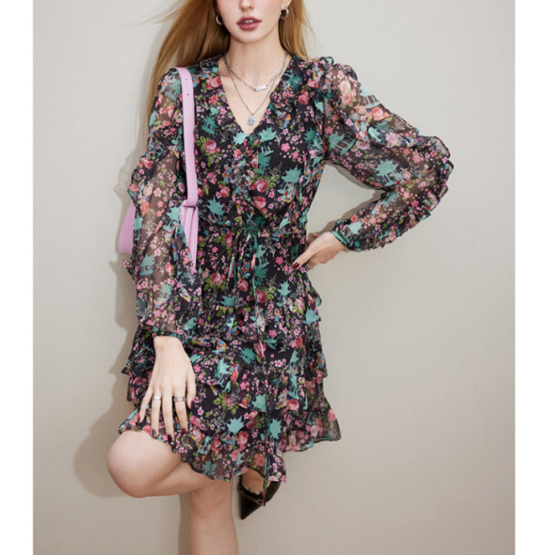 V-neck long sleeve floral dress, view 2 - MRSLM