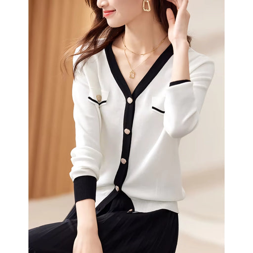 Women's white knit V-neck cardigan, view 3 - MRSLM