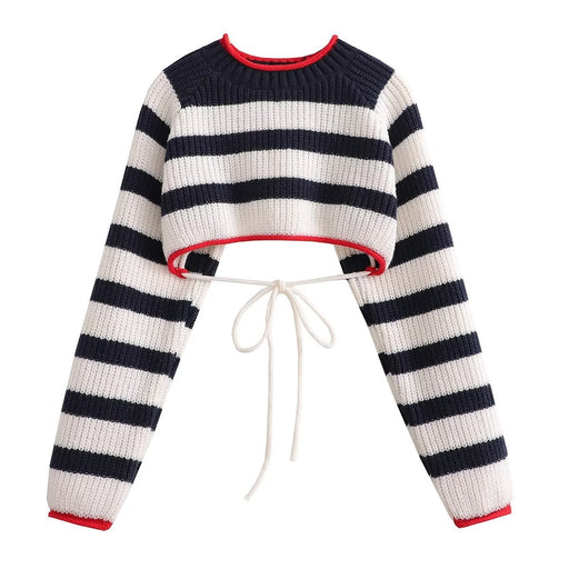 Women's lace-up striped plaid sweater, view 8 - MRSLM