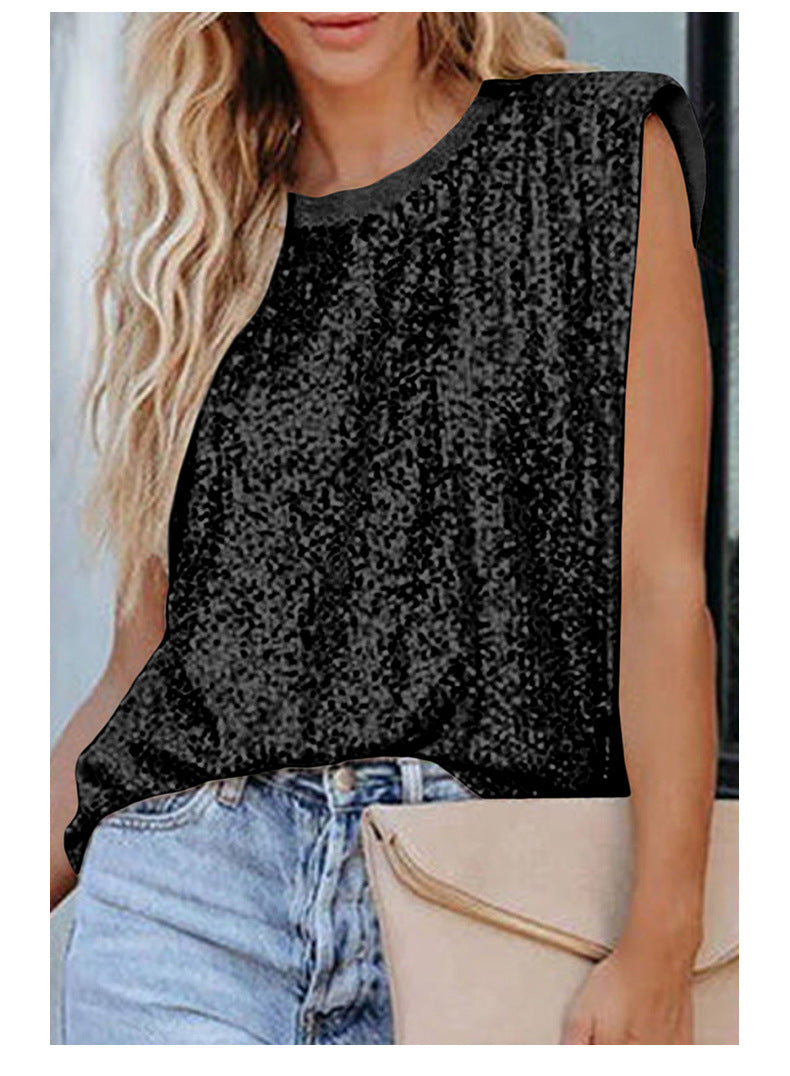 sequined sleeveless padded shoulder vest top, view 8 - MRSLM