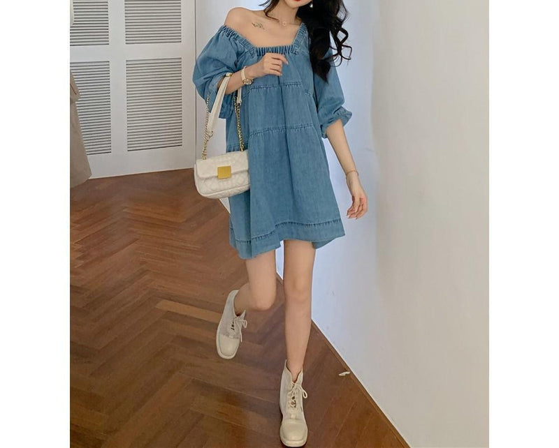 blue square collar denim dress, view 3 - MRSLM