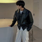 cropped pu leather jacket men polo collar, view 3 - MRSLM