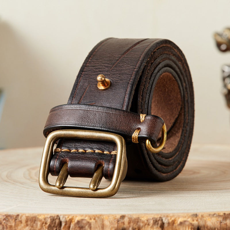 men's genuine leather double buckle belt, view 11 - MRSLM