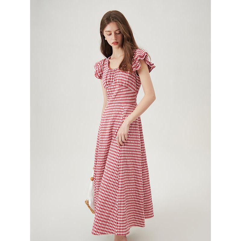 red plaid long summer dress, view 3 - MRSLM