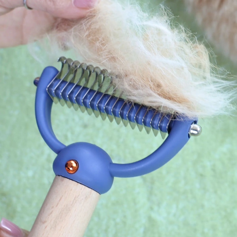 double-sided pet hair comb with wooden handle, view 11 - MRSLM