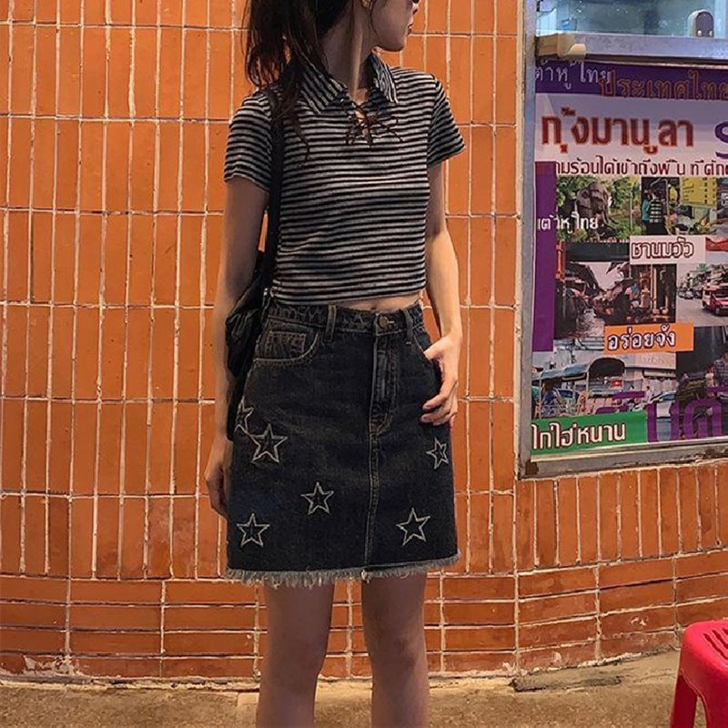 star embroidery denim skirt, view 11 - MRSLM