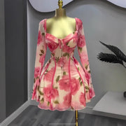 women's flared flower print dress, view 3 - MRSLM