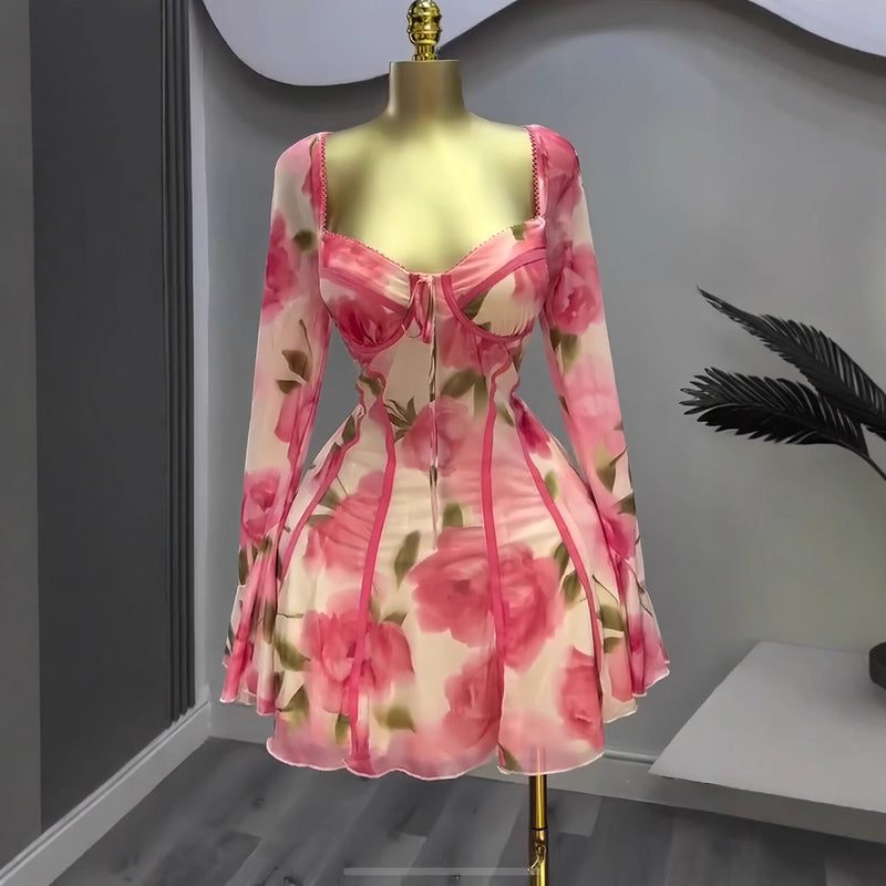 women's flared flower print dress, view 3 - MRSLM