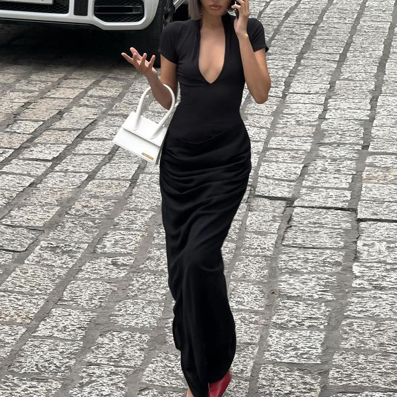 deep V pleated long dress, view 3 - MRSLM