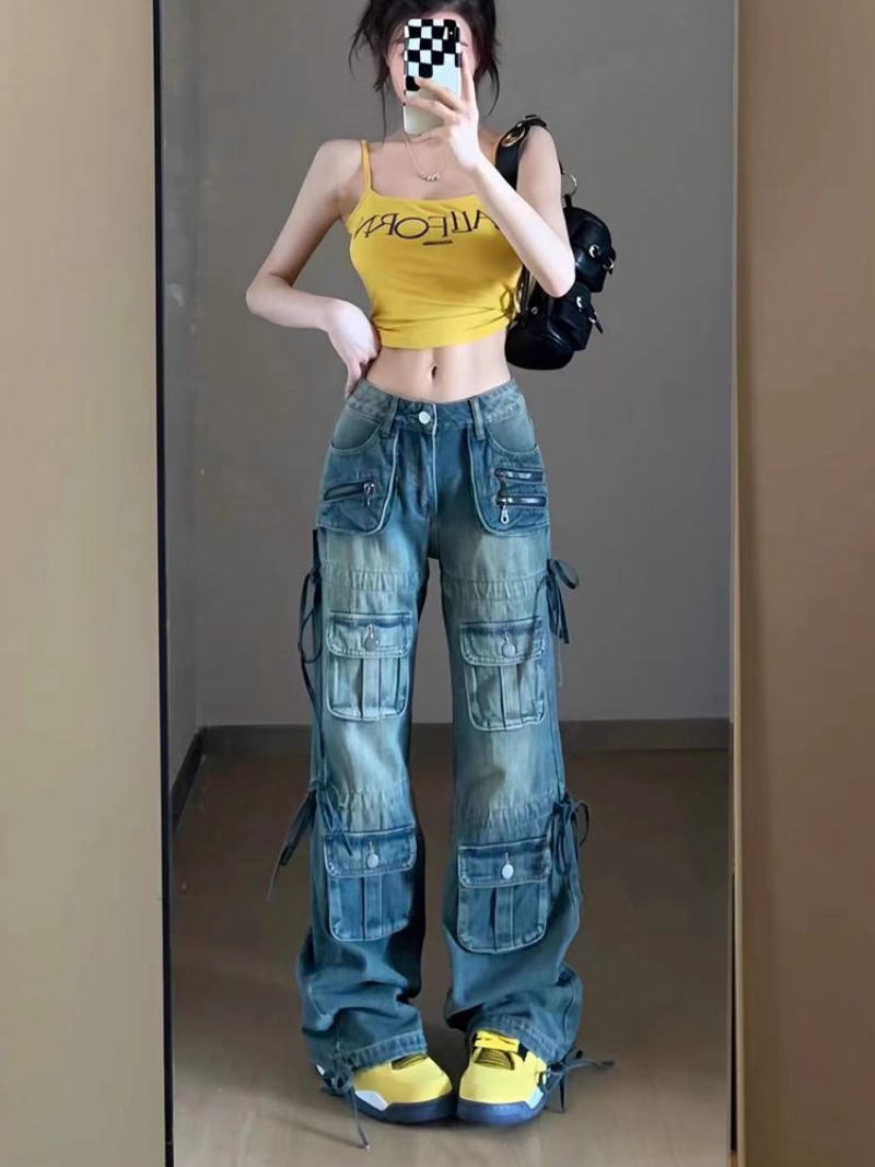 women's multi-pocket washed drawstring bootcut jeans, view 2 - MRSLM