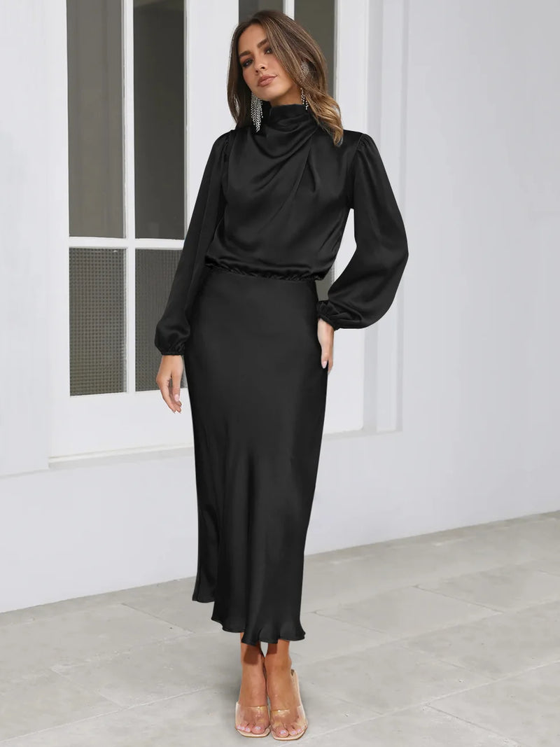 elegant satin ruched slim dress, view 5 - MRSLM