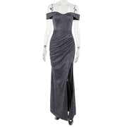 Off-shoulder split waist glitter dress, view 6 - MRSLM