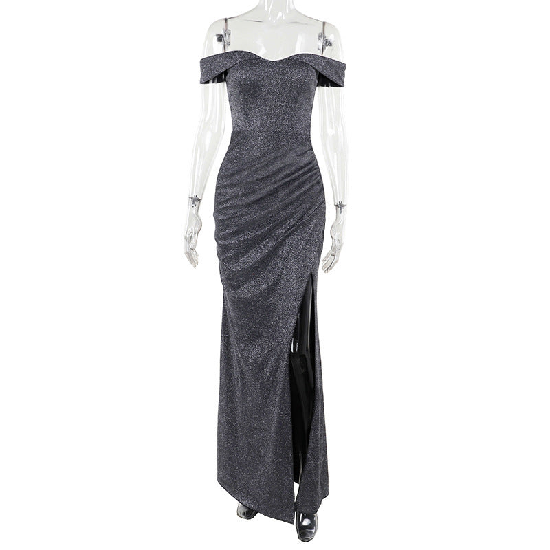 Off-shoulder split waist glitter dress, view 6 - MRSLM