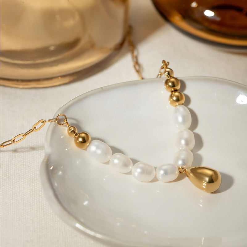 pearl pendant necklace with gold drop, view 5 - MRSLM