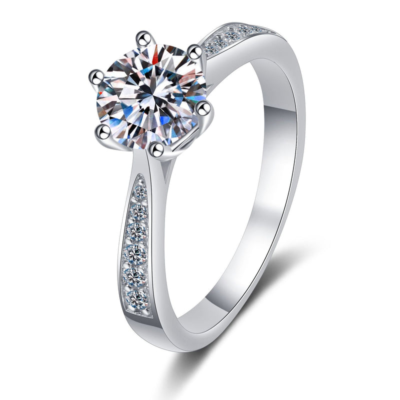 1 carat moissanite six claw silver ring, view 3 - MRSLM