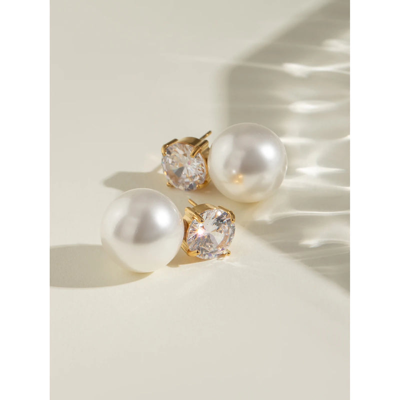 Gold plated vintage pearl and zircon earrings, view 5 - MRSLM