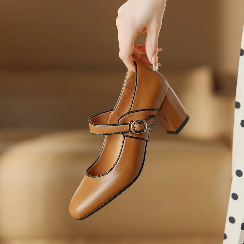 genuine leather mary jane heels for women, view 2 - MRSLM