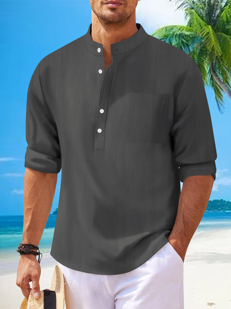 men's cotton stand collar long sleeve shirt, view 7 - MRSLM