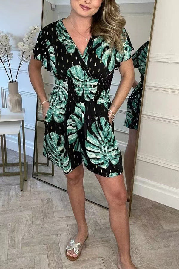Leaf print short-sleeve summer outfit for women, view 6 - MRSLM