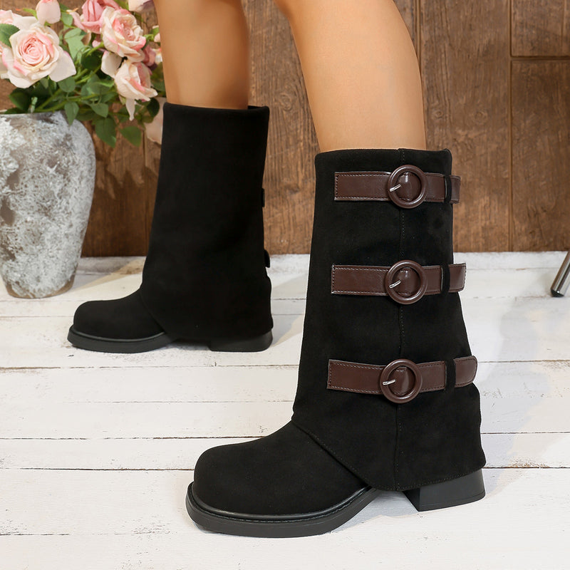 Vintage Suede Belt Buckle Pantyhose Boots