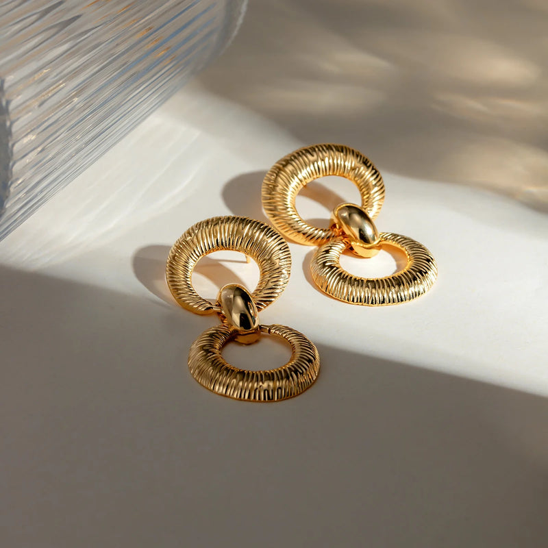 18k gold plated double loop textured earrings, view 4 - MRSLM