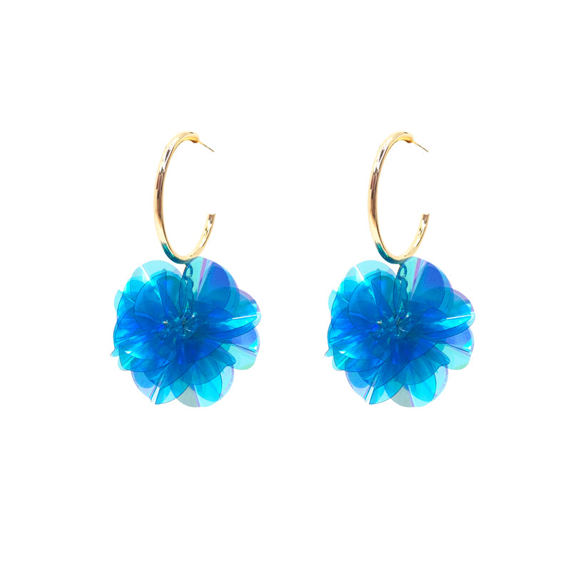 blue flower ball circle earrings, view 4 - MRSLM