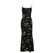 backless sling dress black gold floral, view 5 - MRSLM