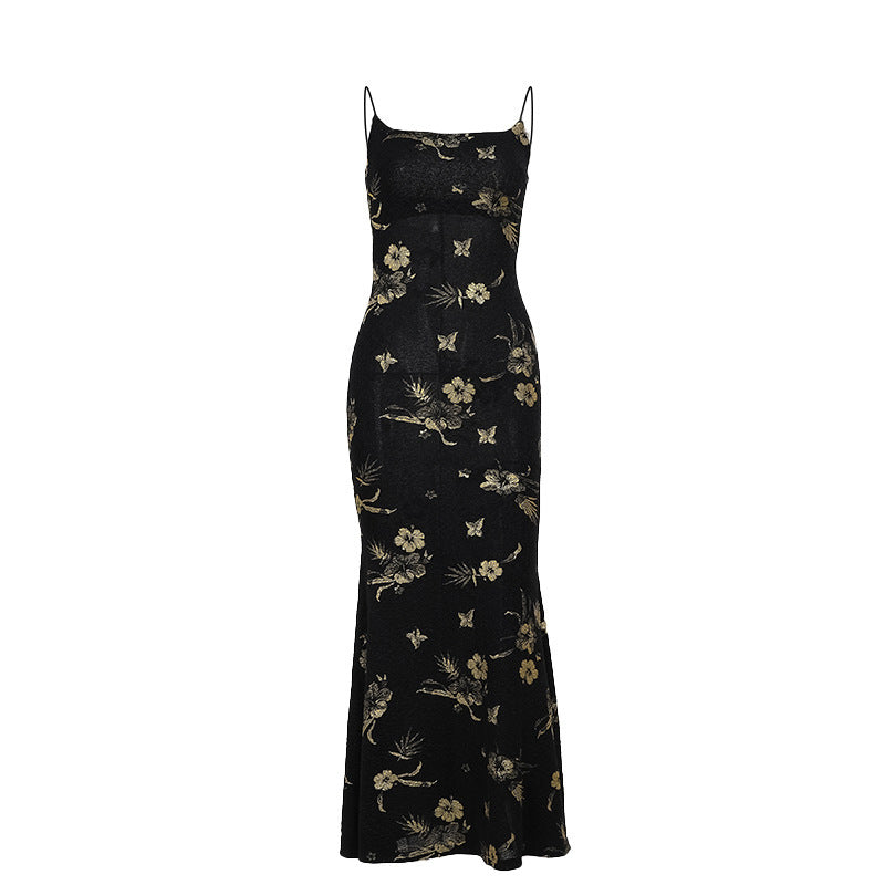 backless sling dress black gold floral, view 5 - MRSLM