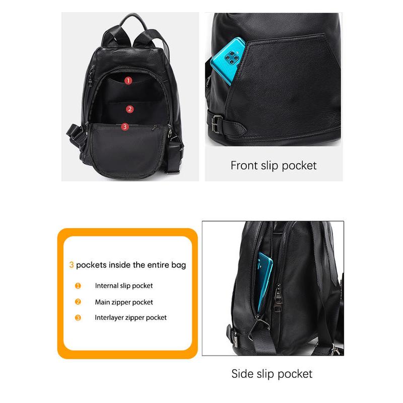 Women's genuine leather backpack with back zip pocket, view 3 - MRSLM