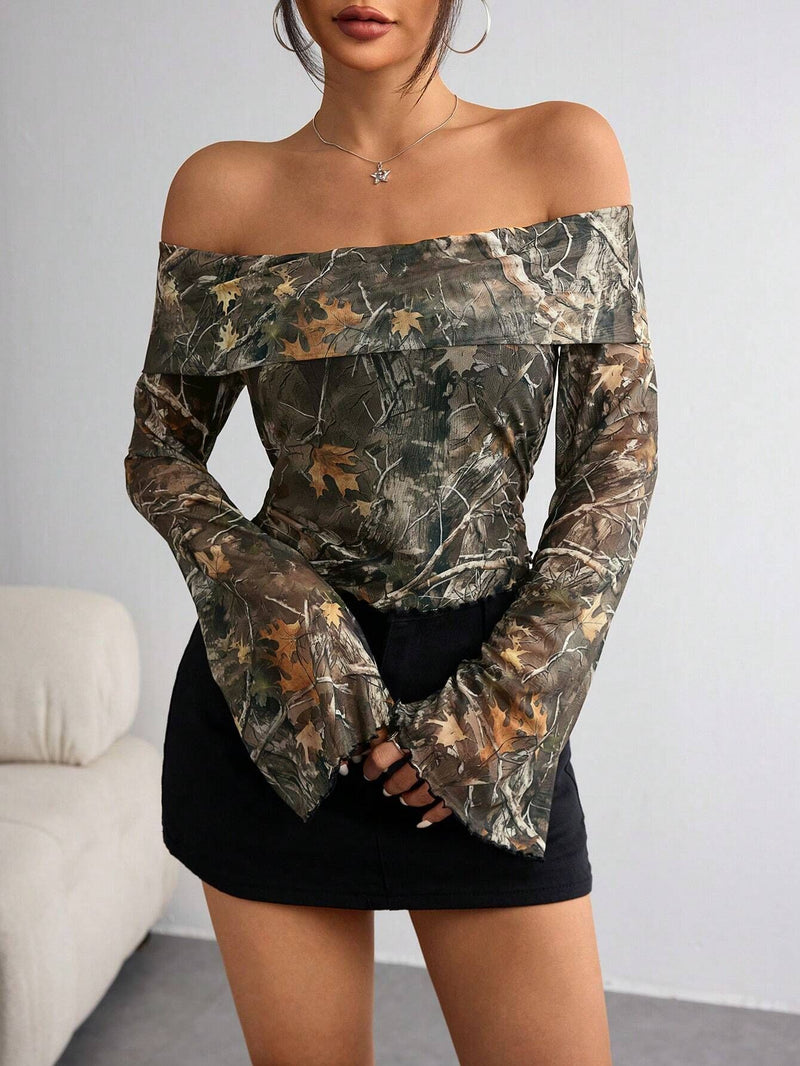 mesh printed off-shoulder fitted top, view 6 - MRSLM