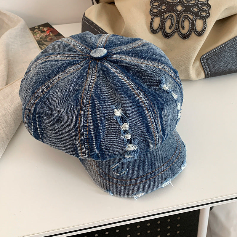 retro ripped denim beret, view 5 - MRSLM