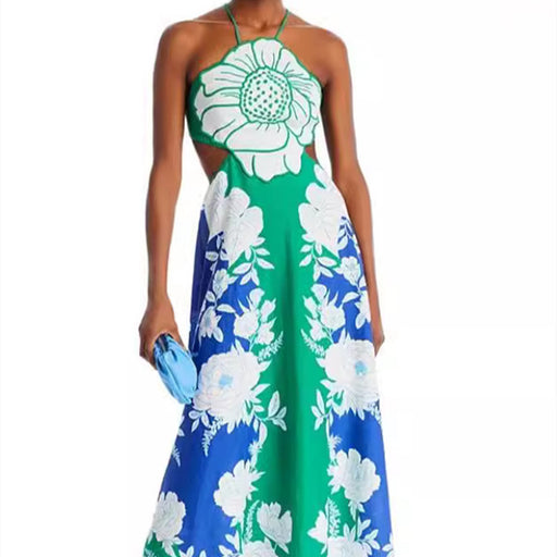 floral print lace-up cutout long dress - MRSLM