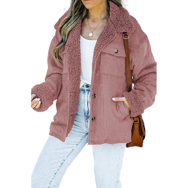 Women's retro fleece coat with faux fur collar, view 3 - MRSLM