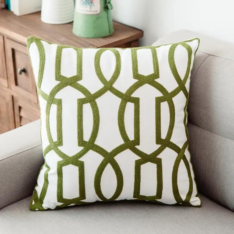 green geometric embroidered cushion cover, view 2 - MRSLM