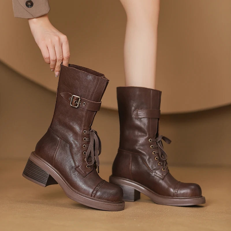 retro mid-calf buckle motorcycle boots for women, view 8 - MRSLM